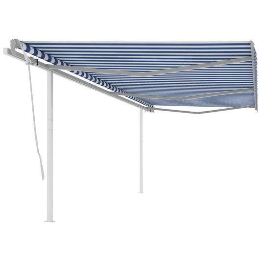 Toldo retrátil manual com postes 6x3 m azul e branco