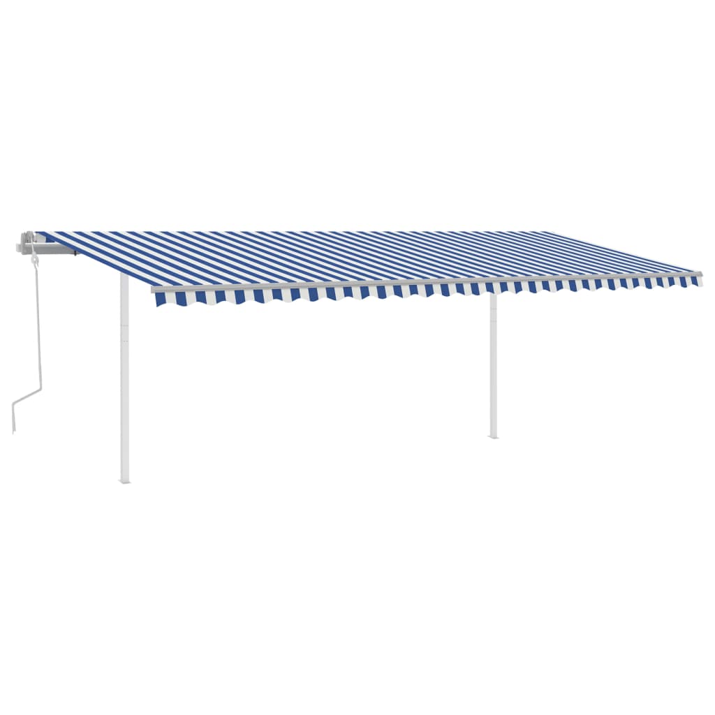 Toldo retrátil manual com postes 6x3 m azul e branco