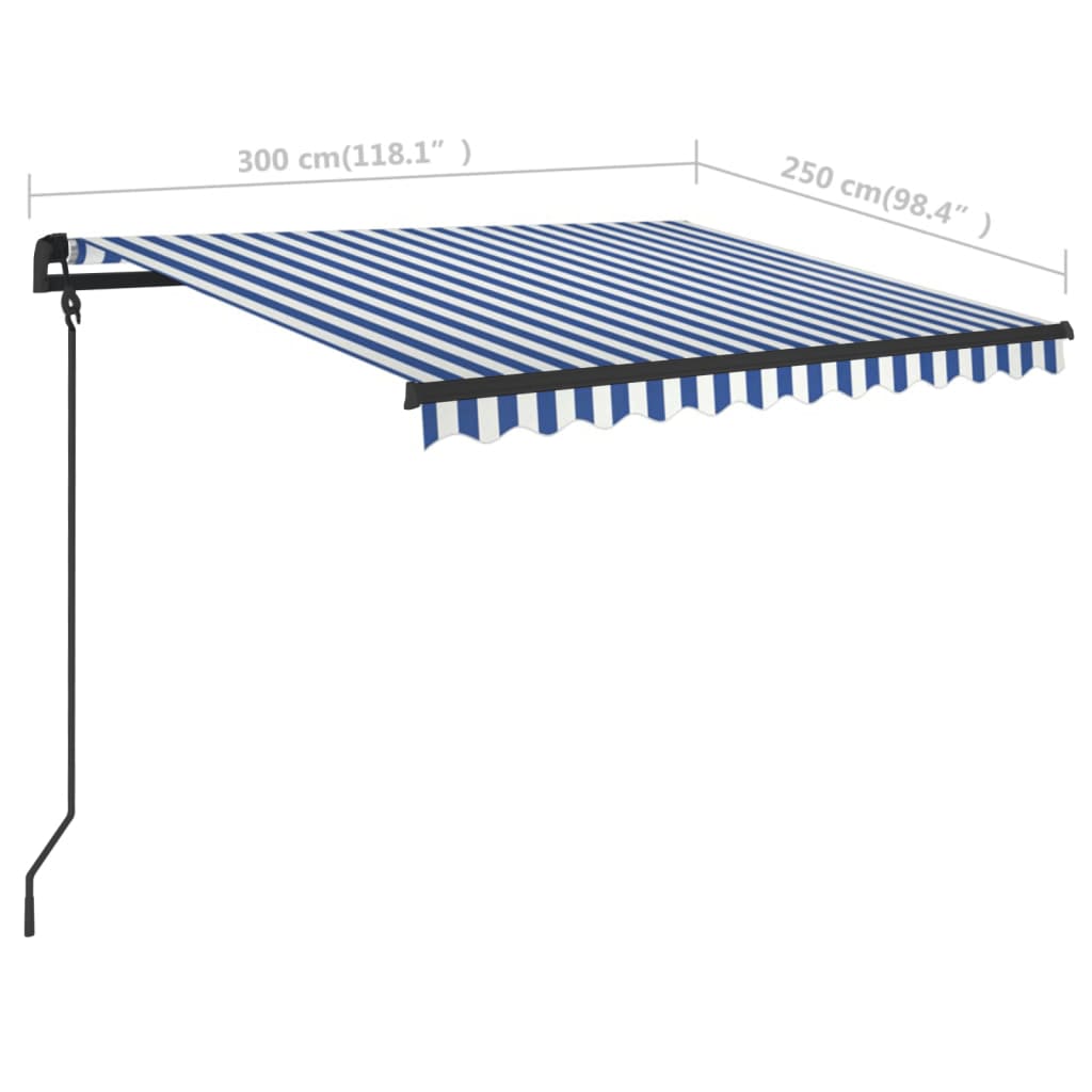 Toldo retrátil manual com postes 3x2,5 m azul e branco