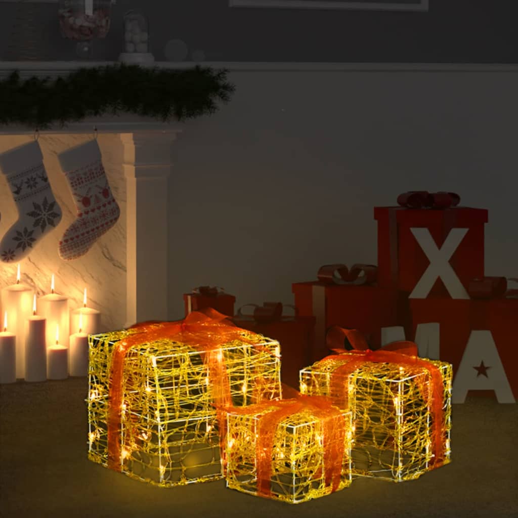 Caixas presentes Natal decorativas 3pcs acrílico branco quente