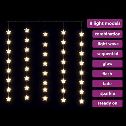 Cortina iluminação c/ estrelas 200 LEDs 8 funções branco quente