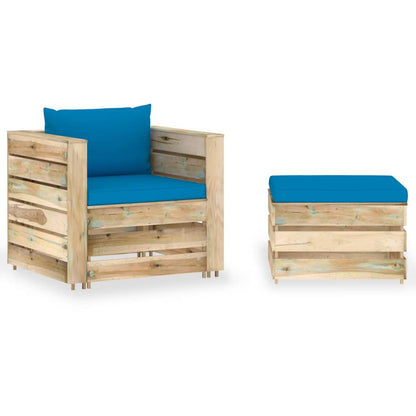 2 pcs conj. lounge jardim c/ almofadões madeira impreg. verde