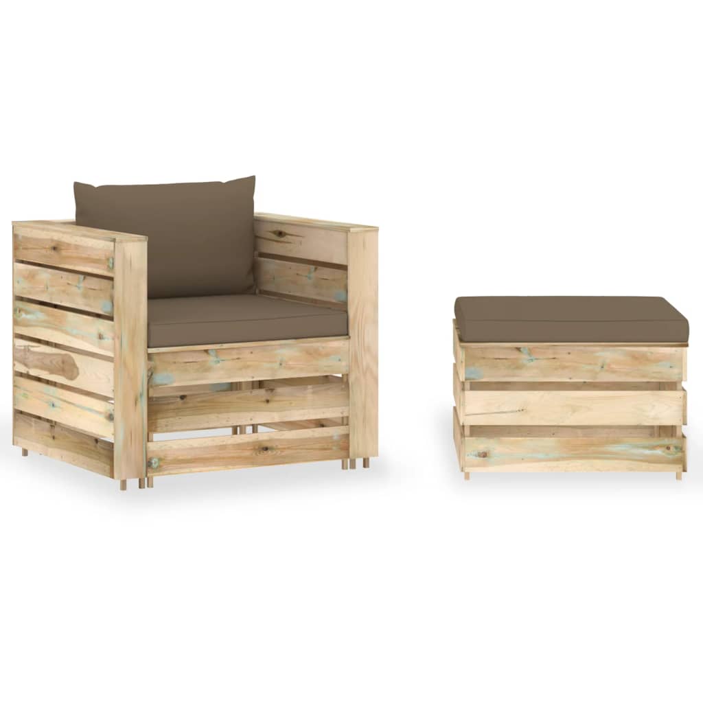 2 pcs conj. lounge jardim c/ almofadões madeira impreg. verde