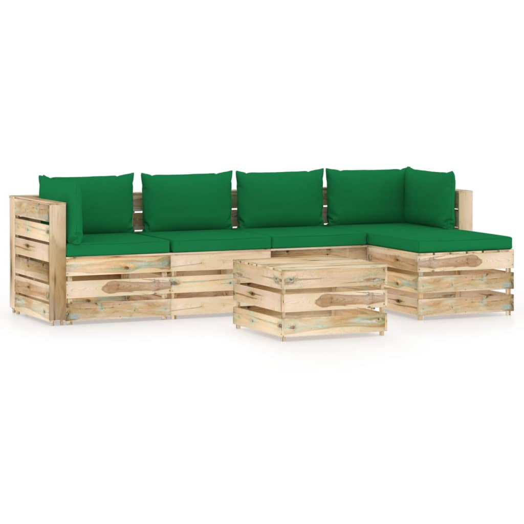 6 pcs conj. lounge jardim c/ almofadões madeira impreg. verde