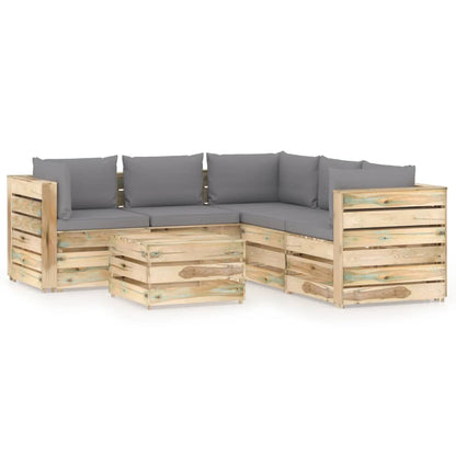 6 pcs conj. lounge jardim c/ almofadões madeira impreg. verde