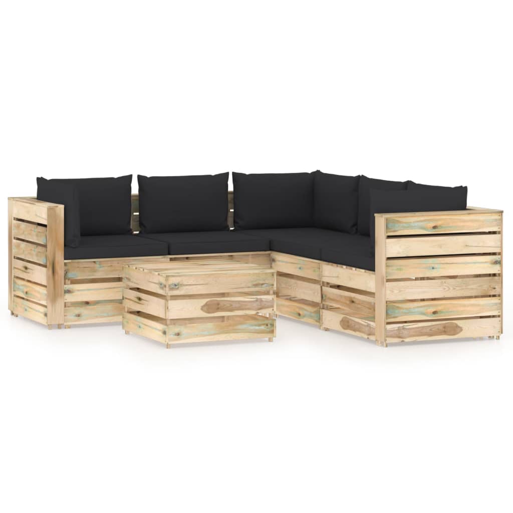 6 pcs conj. lounge jardim c/ almofadões madeira impreg. verde