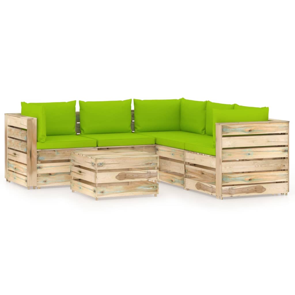 6 pcs conj. lounge jardim c/ almofadões madeira impreg. verde