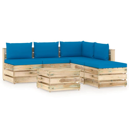 6 pcs conj. lounge jardim c/ almofadões madeira impreg. verde