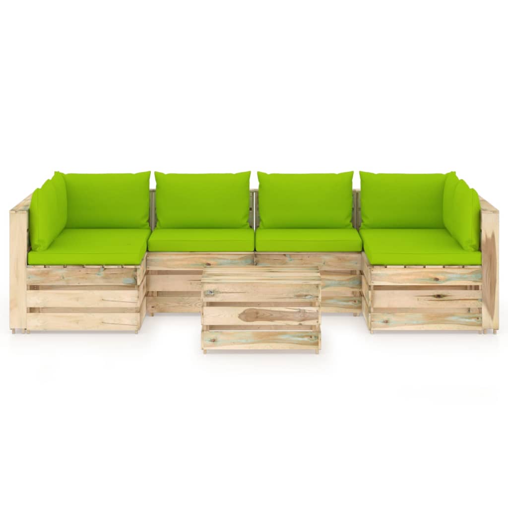 7 pcs conj. lounge jardim c/ almofadões madeira impreg. verde