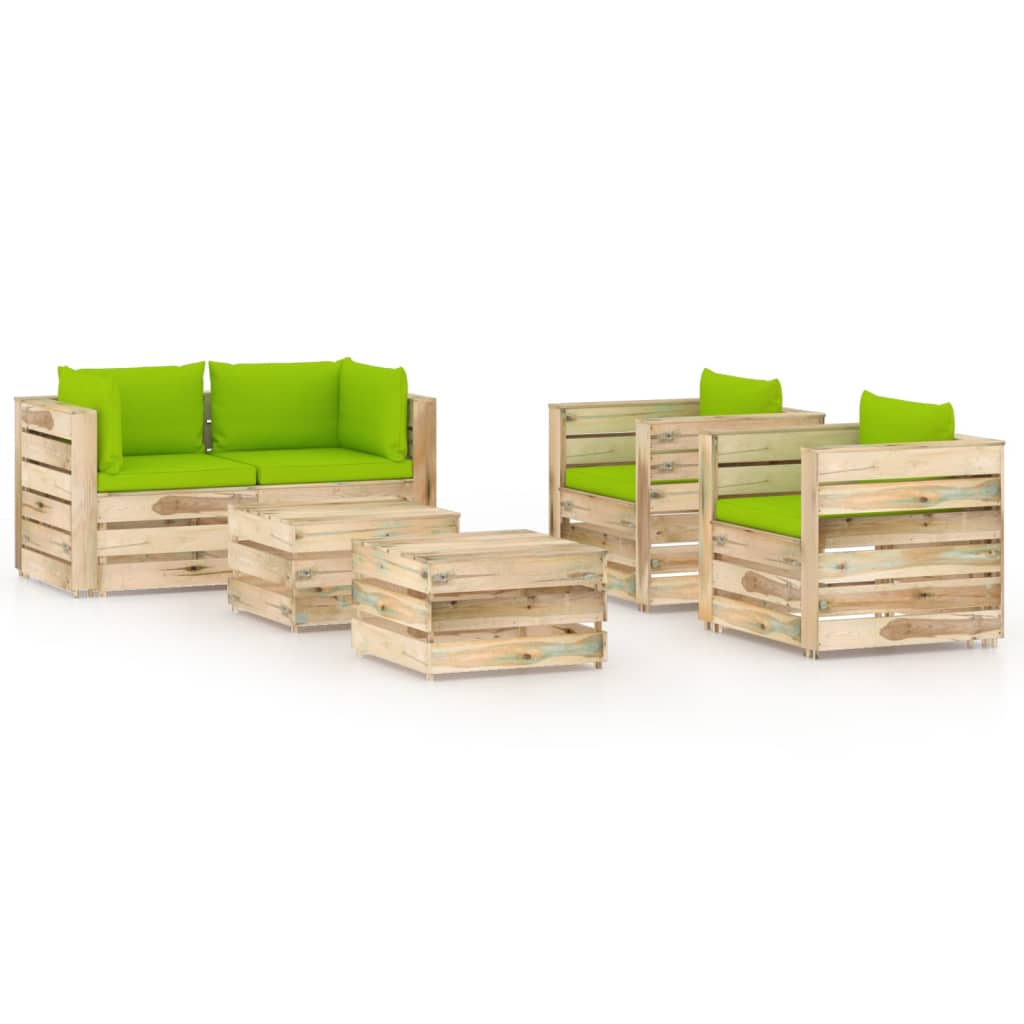 6 pcs conj. lounge jardim c/ almofadões madeira impreg. verde