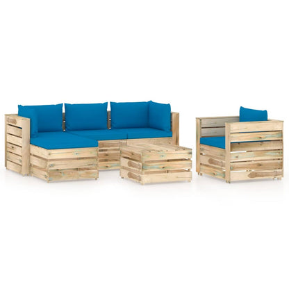 6 pcs conj. lounge jardim c/ almofadões madeira impreg. verde