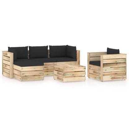 6 pcs conj. lounge jardim c/ almofadões madeira impreg. verde