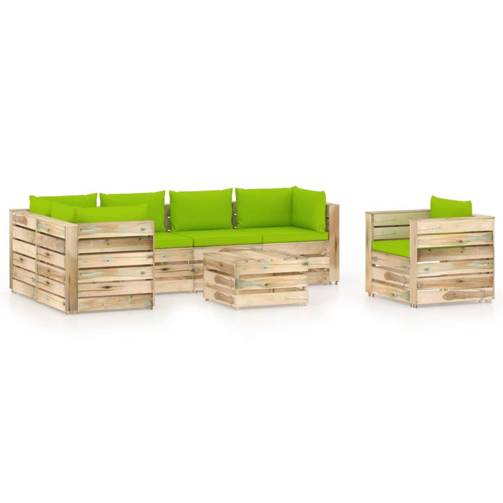 7 pcs conj. lounge jardim c/ almofadões madeira impreg. verde