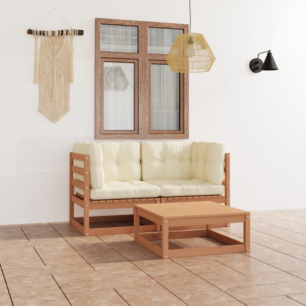 3 pcs conjunto lounge de jardim com almofadões pinho maciço