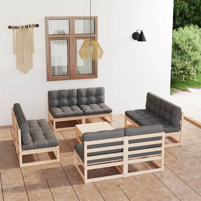 9 pcs conjunto lounge de jardim c/ almofadões pinho maciço