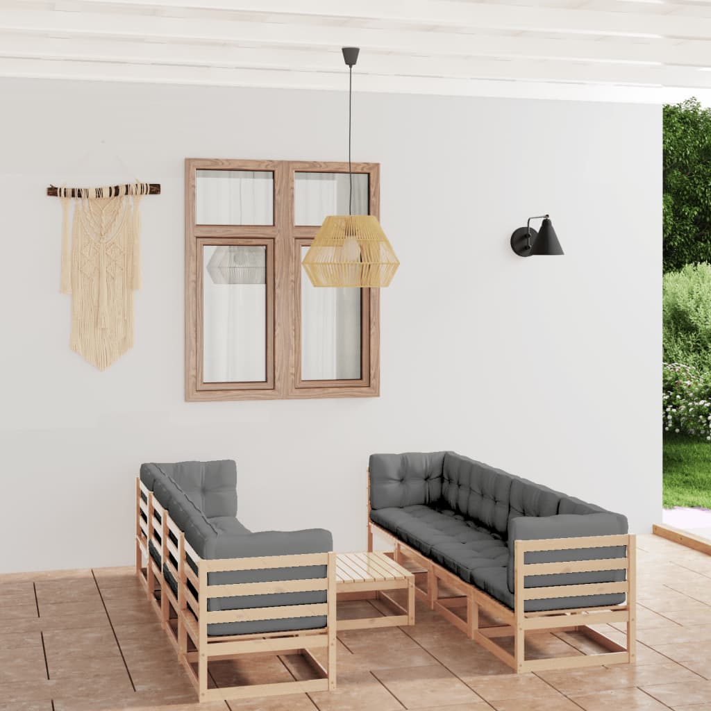 9 pcs conjunto lounge de jardim c/ almofadões pinho maciço