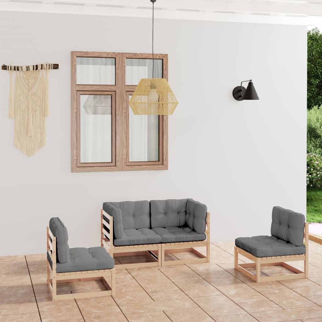 4 pcs conjunto lounge de jardim com almofadões pinho maciço