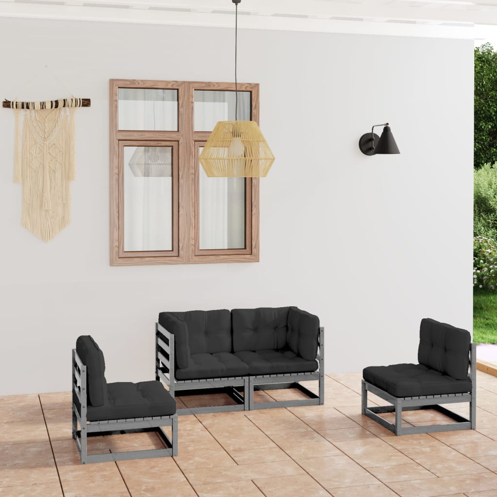 4 pcs conjunto lounge de jardim c/ almofadões pinho maciço