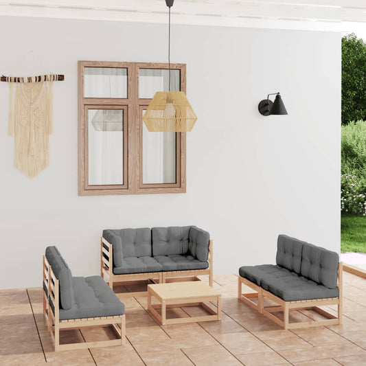 7 pcs conjunto lounge de jardim c/ almofadões pinho maciço