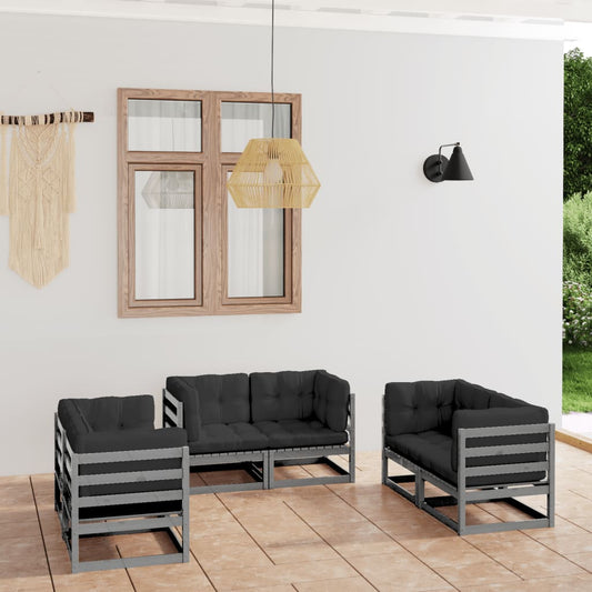 6 pcs conjunto lounge de jardim com almofadões pinho maciço