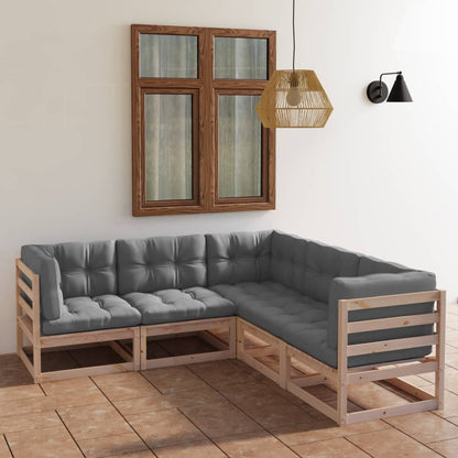 5 pcs conjunto lounge de jardim c/ almofadões pinho maciço