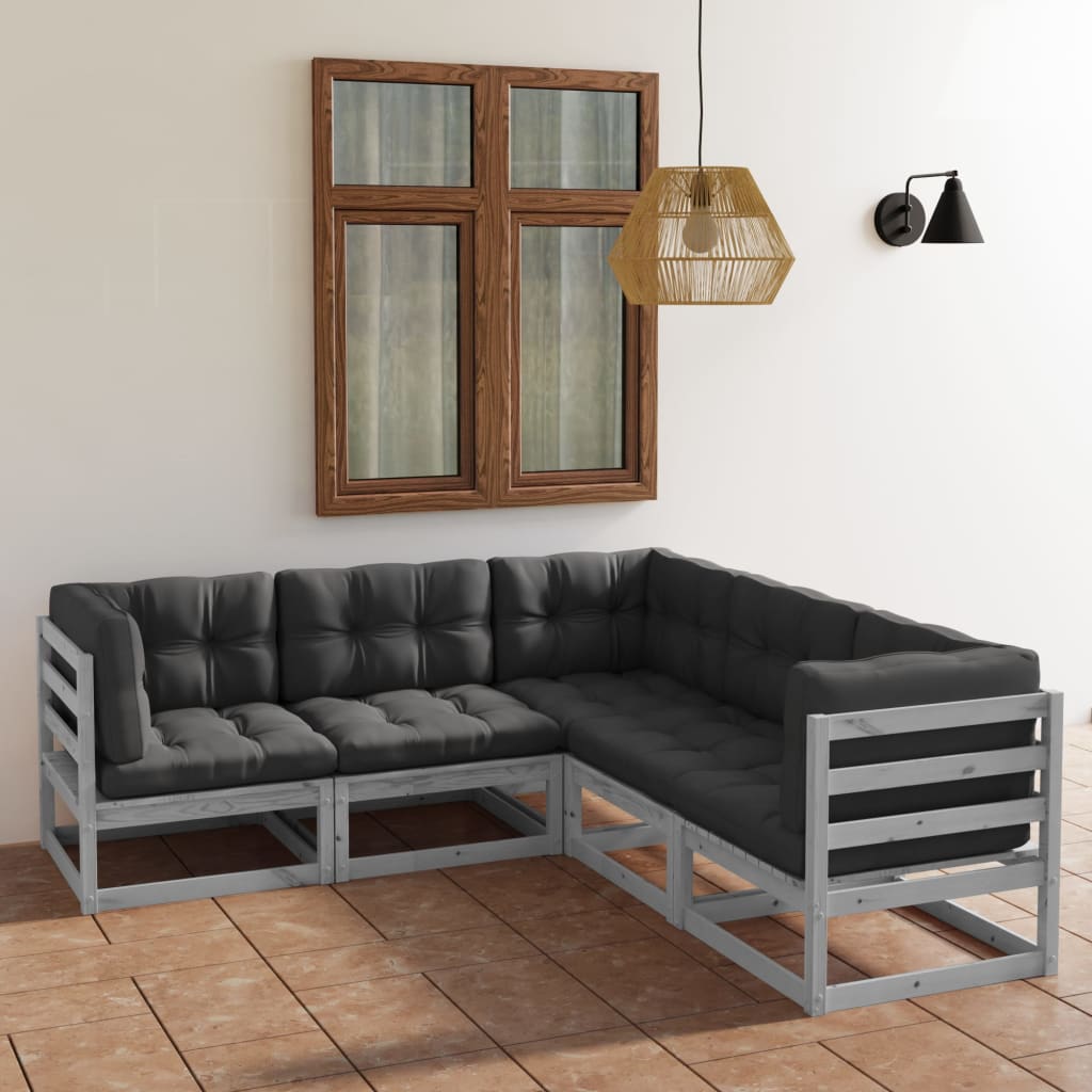 5 pcs conjunto lounge de jardim c/ almofadões pinho maciço