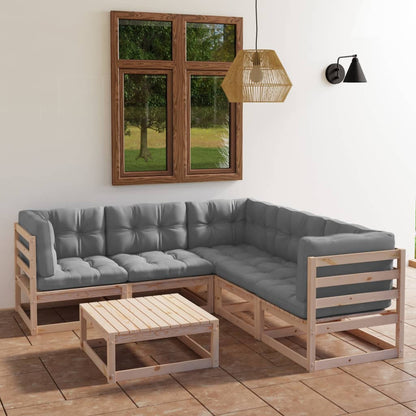 6 pcs conjunto lounge de jardim com almofadões pinho maciço