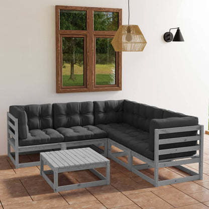 6 pcs conjunto lounge de jardim c/ almofadões pinho maciço