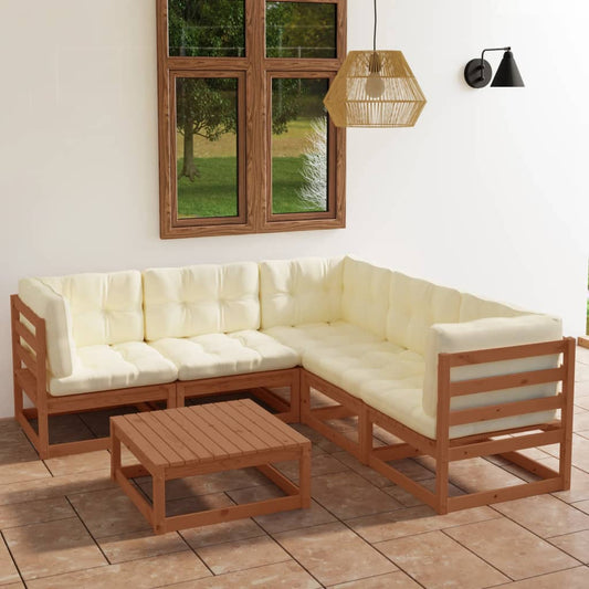 6 pcs conjunto lounge de jardim com almofadões pinho maciço