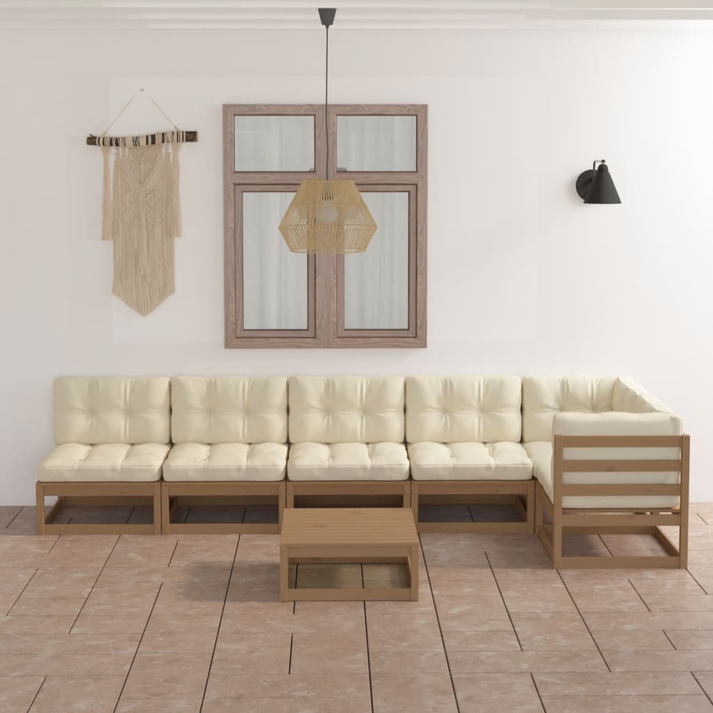 7 pcs conjunto lounge de jardim com almofadões pinho maciço