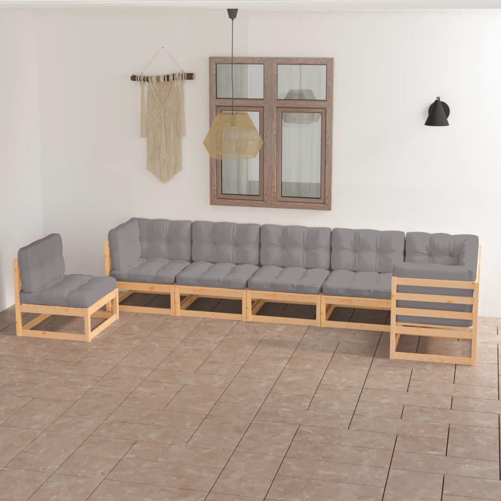 7 pcs conjunto lounge de jardim c/ almofadões pinho maciço