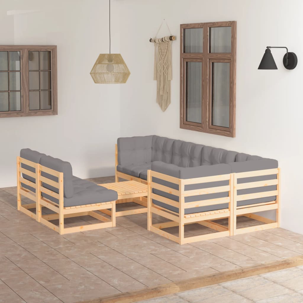 8 pcs conjunto lounge de jardim com almofadões pinho maciço