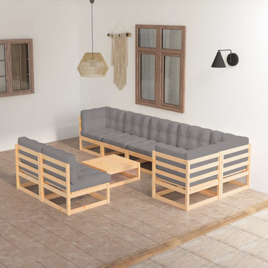 9 pcs conjunto lounge de jardim com almofadões pinho maciço