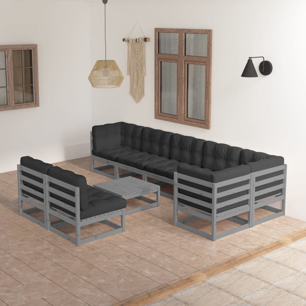 9 pcs conjunto lounge de jardim c/ almofadões pinho maciço