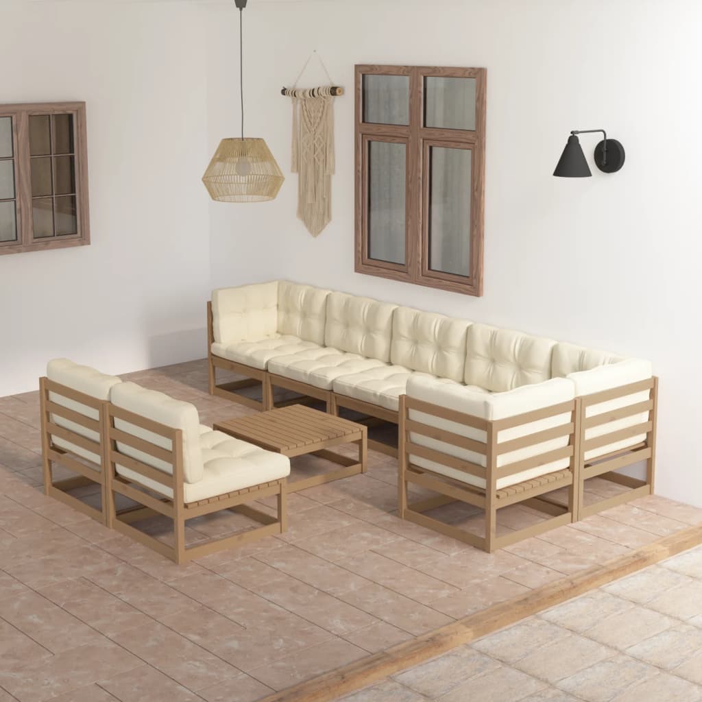 9 pcs conjunto lounge de jardim com almofadões pinho maciço