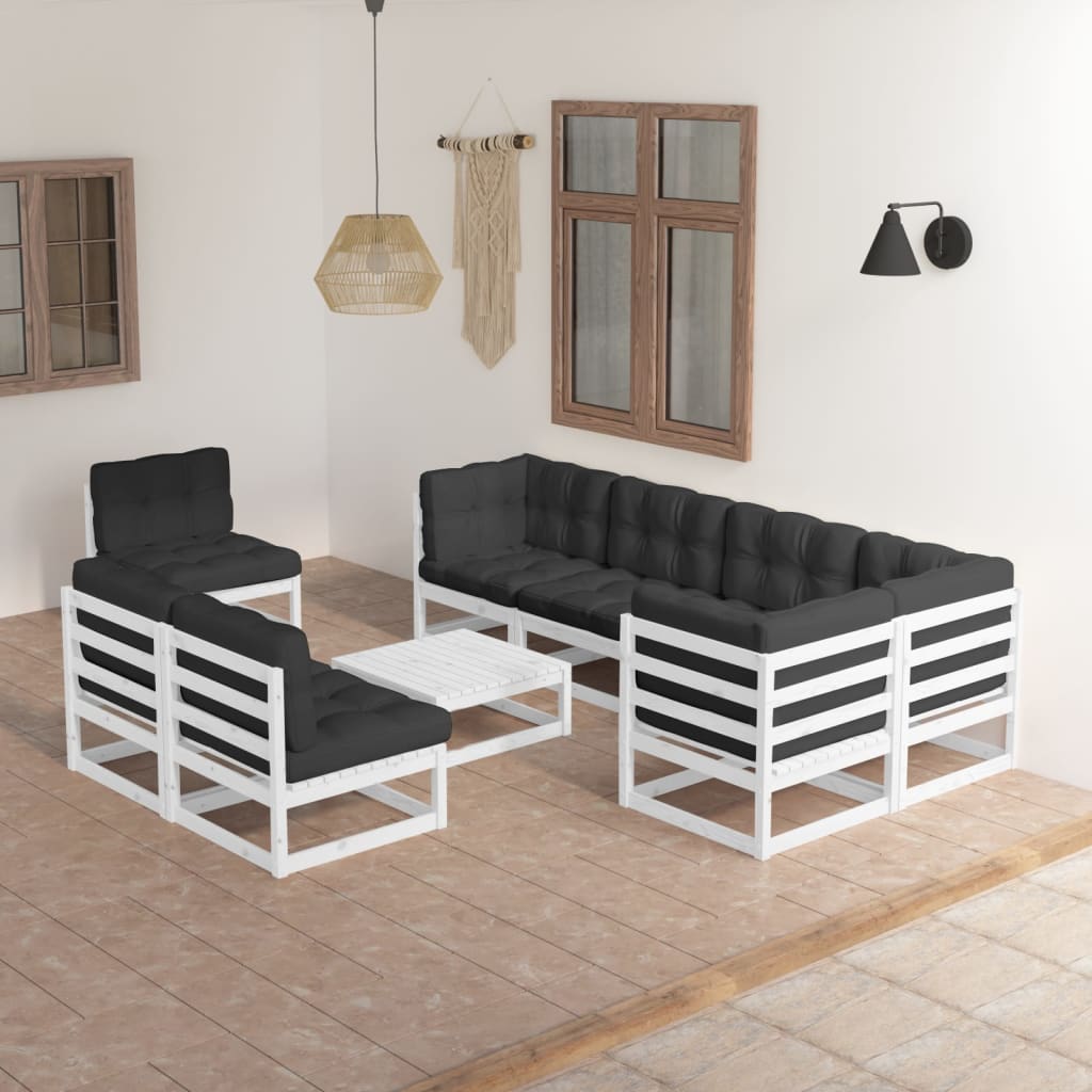 9 pcs conjunto lounge de jardim c/ almofadões pinho maciço