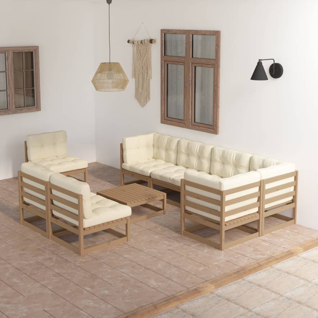 9 pcs conjunto lounge de jardim com almofadões pinho maciço