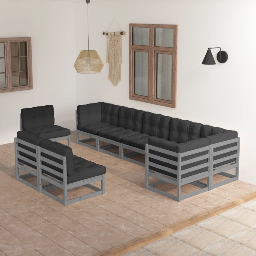 9 pcs conjunto lounge de jardim c/ almofadões pinho maciço