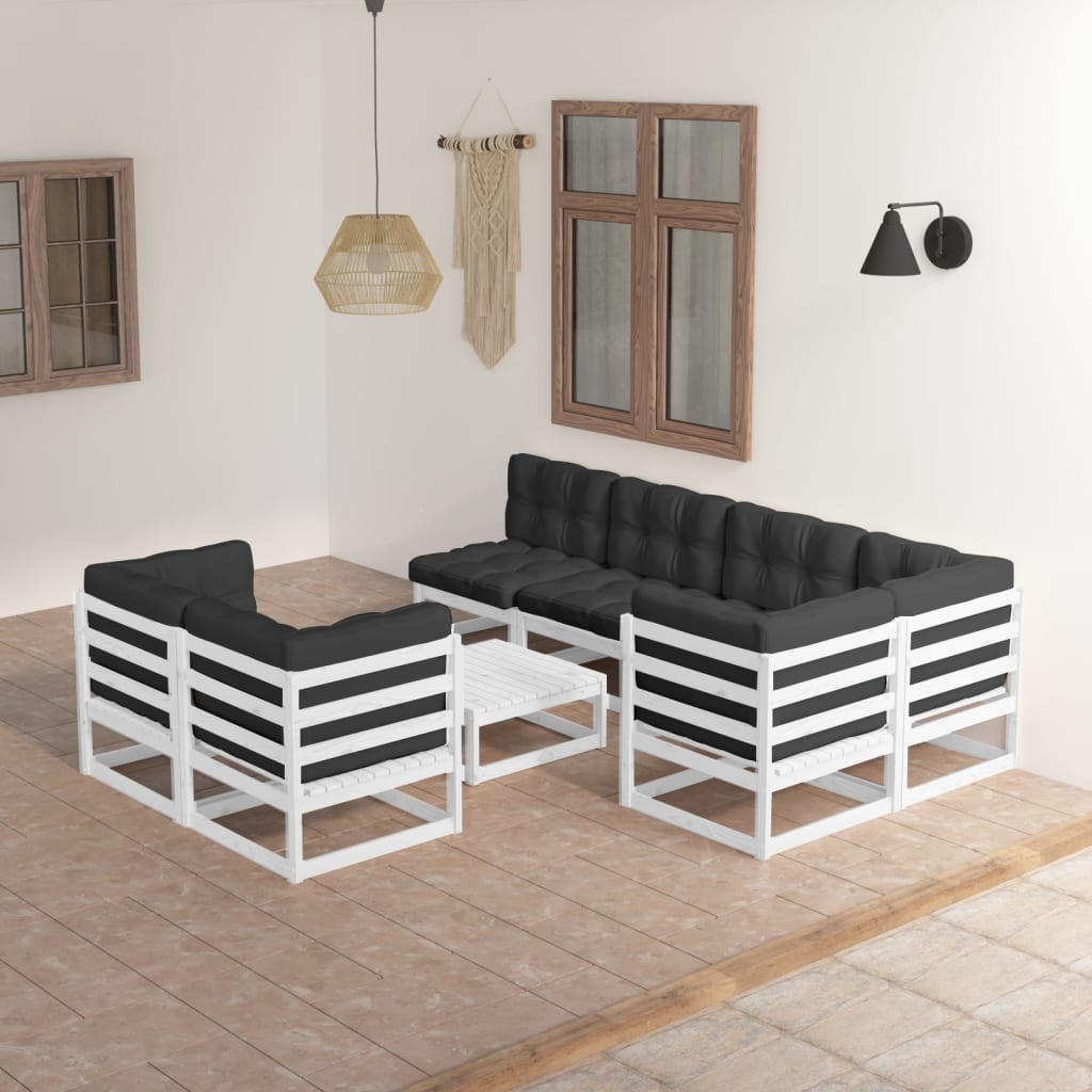 8 pcs conjunto lounge de jardim com almofadões pinho maciço