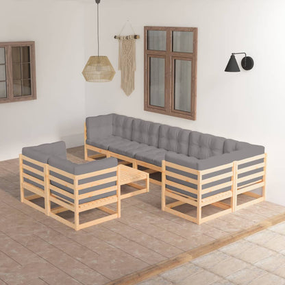 9 pcs conjunto lounge de jardim com almofadões pinho maciço