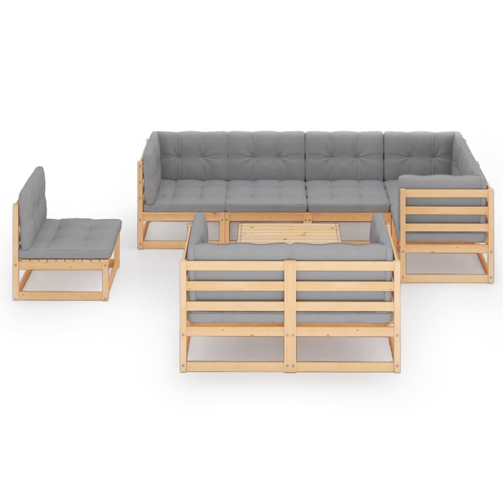 9 pcs conjunto lounge de jardim com almofadões pinho maciço