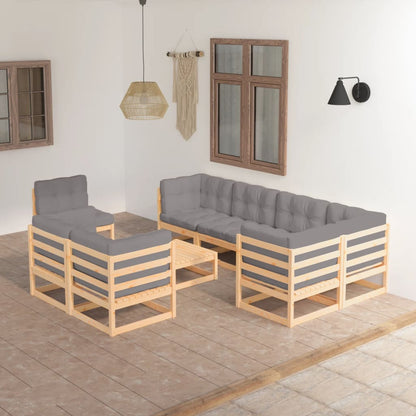 9 pcs conjunto lounge de jardim com almofadões pinho maciço