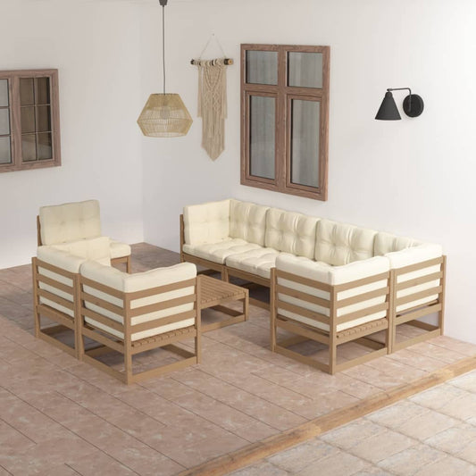 9 pcs conjunto lounge de jardim c/ almofadões pinho maciço