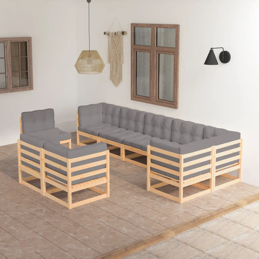 9 pcs conjunto lounge de jardim c/ almofadões pinho maciço