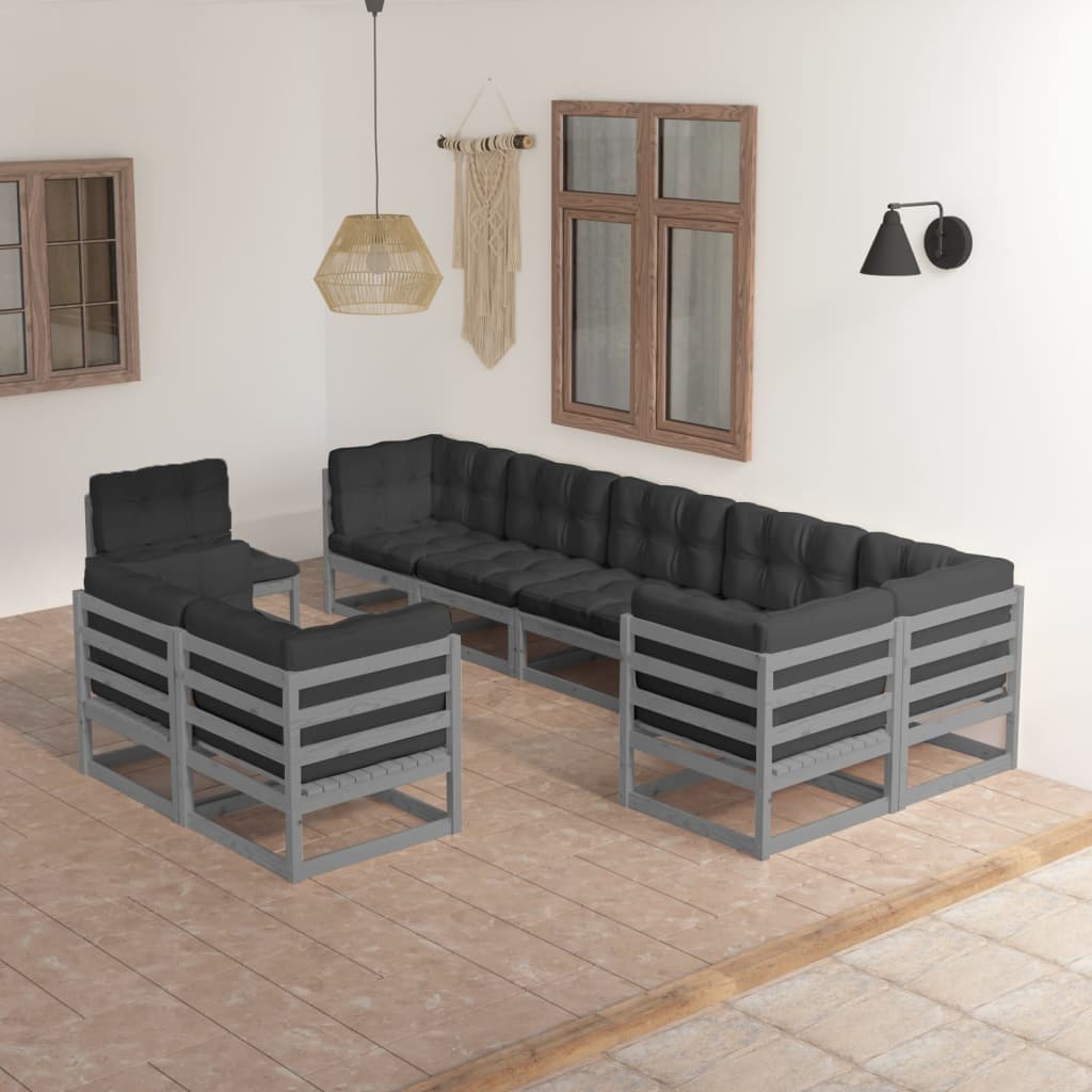 9 pcs conjunto lounge de jardim c/ almofadões pinho maciço