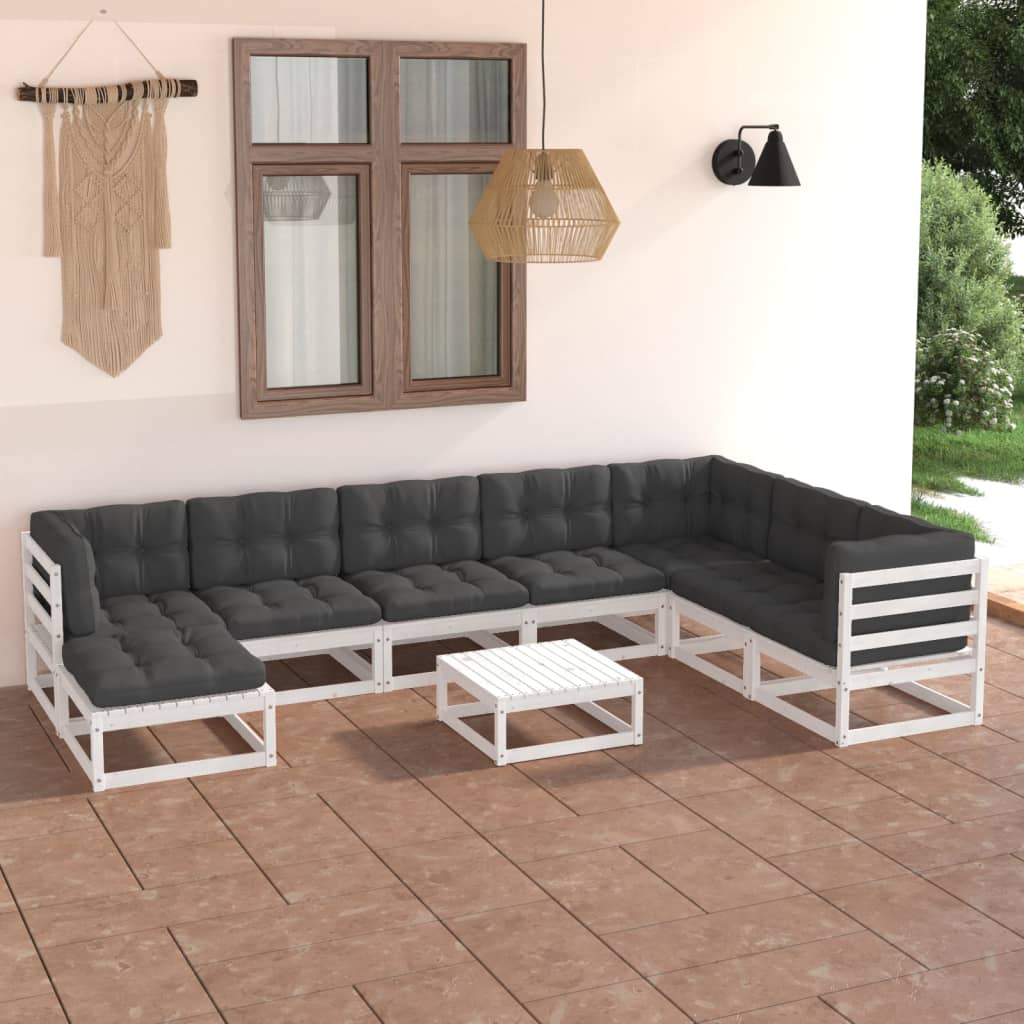 9 pcs conjunto lounge de jardim com almofadões pinho maciço