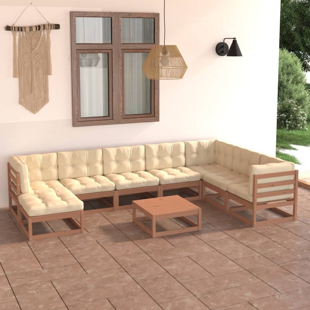 9 pcs conjunto lounge de jardim c/ almofadões pinho maciço