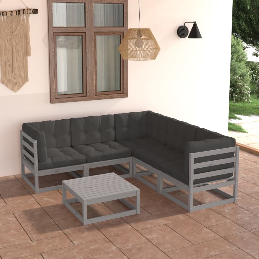 6 pcs conjunto lounge de jardim c/ almofadões pinho maciço