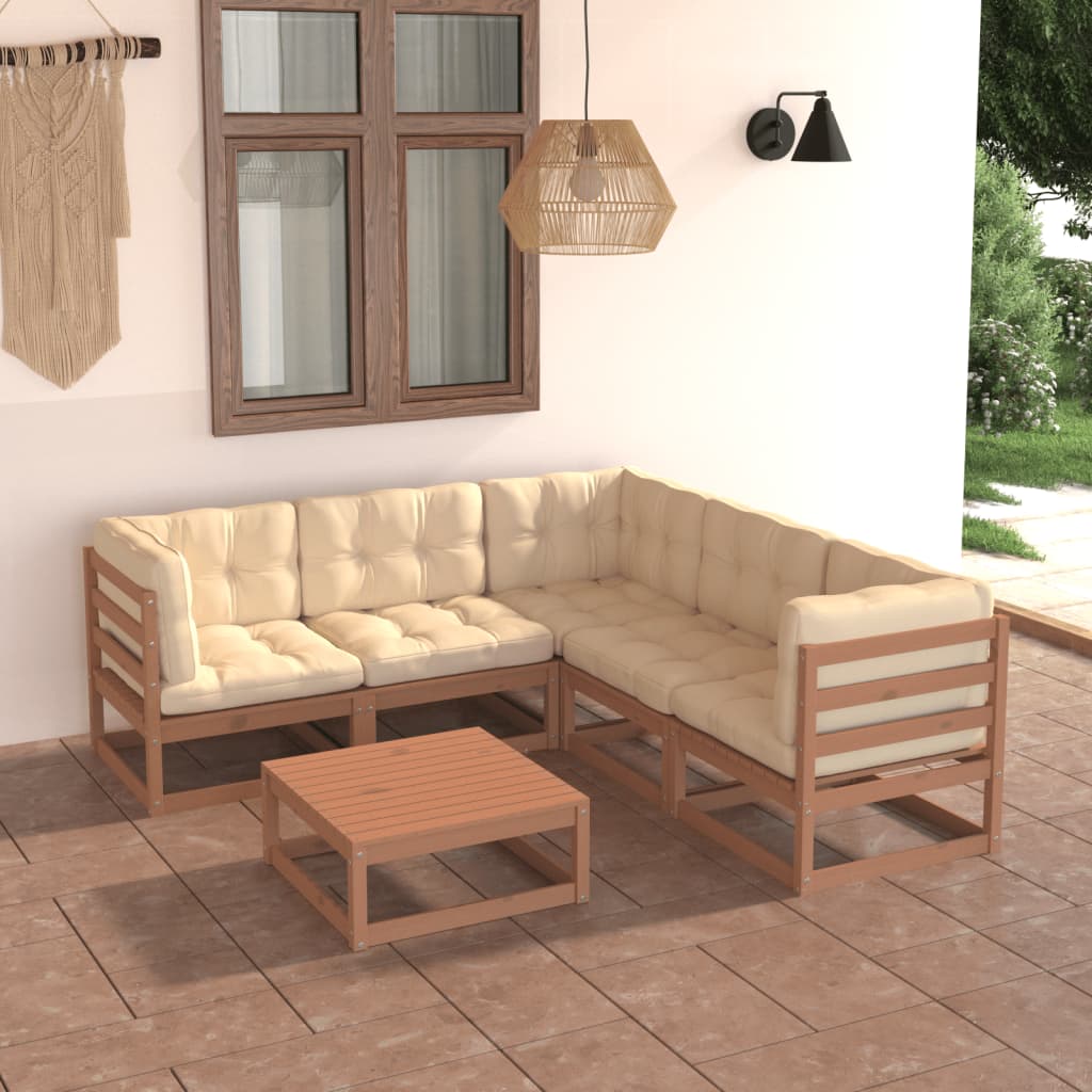 6 pcs conjunto lounge de jardim com almofadões pinho maciço