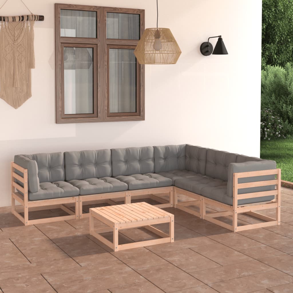 7 pcs conjunto lounge de jardim com almofadões pinho maciço